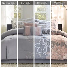 Printed Cotton Sateen Comforter Set Grey/Peach Cal King