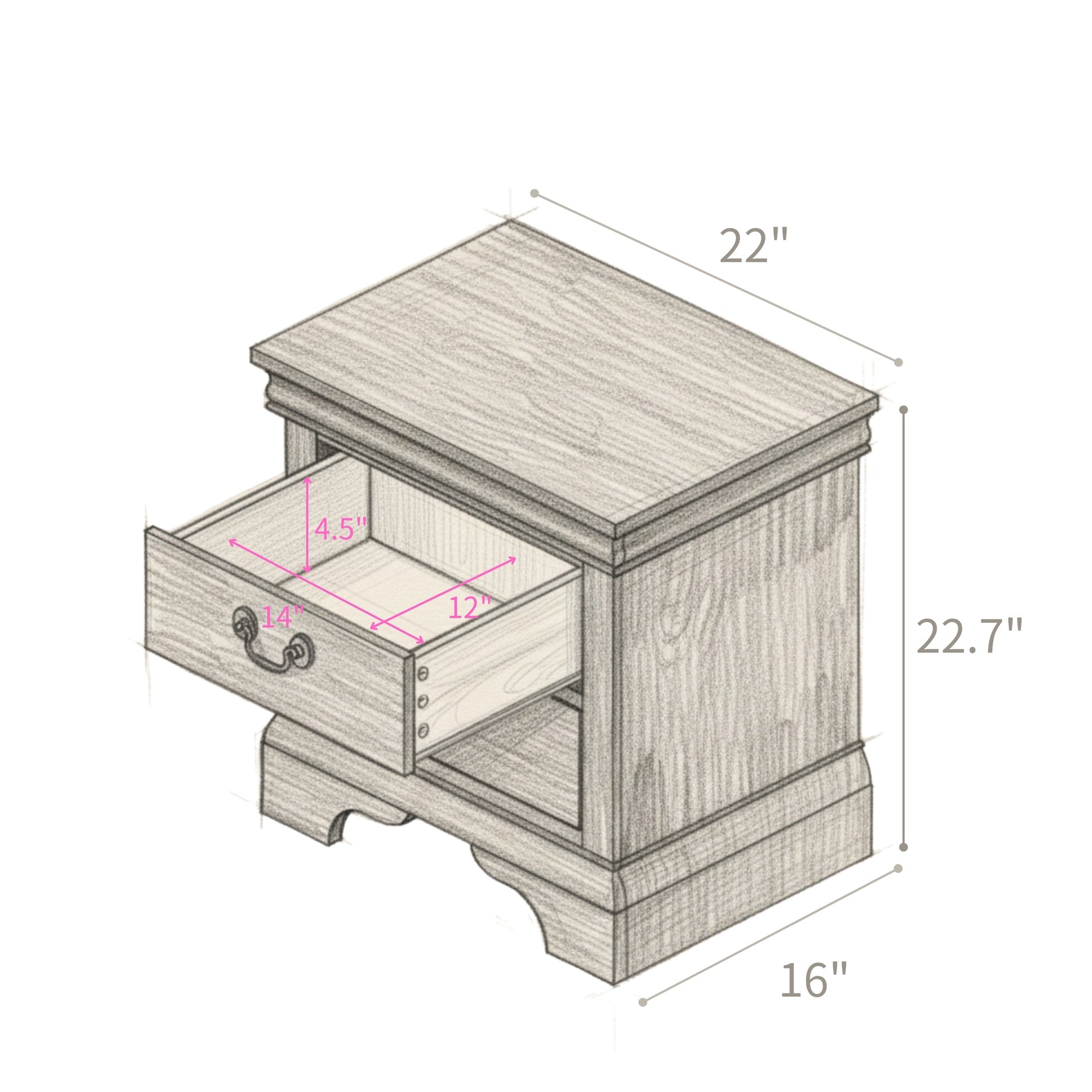 22" x 16" x 22.7" Classic Wooden Nightstand-Cherry