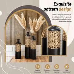 3-Piece Handcrafted Metal Floor Vase Set, Black & Gold Cutout Design Tall Vases (20.8"/24.8"/28.7") for Living Room Entryway, Modern Glam Decor for Pampas Grass & Ideal Housewarming/Holiday Gifts
