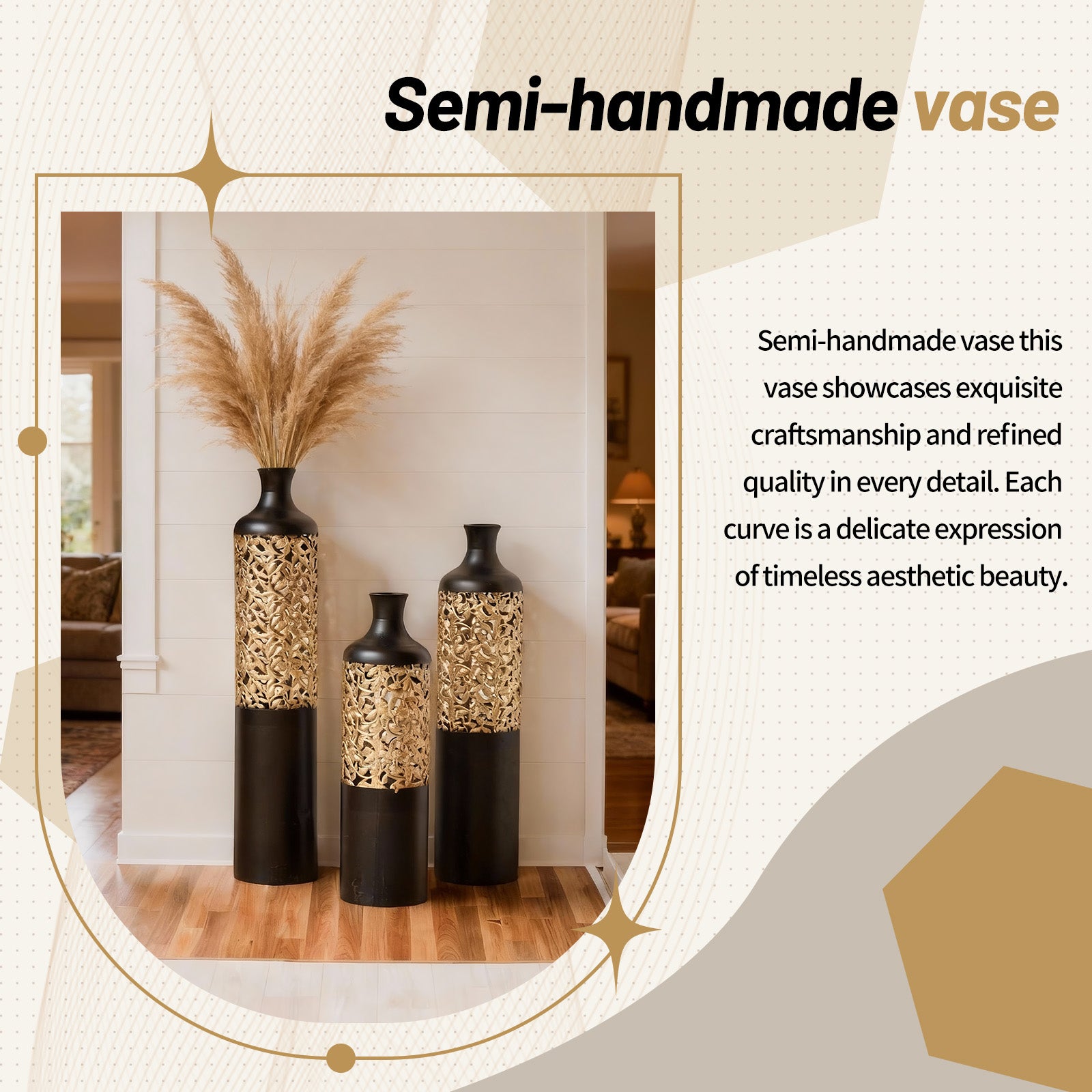 3-Piece Handcrafted Metal Floor Vase Set, Black & Gold Cutout Design Tall Vases (20.8"/24.8"/28.7") for Living Room Entryway, Modern Glam Decor for Pampas Grass & Ideal Housewarming/Holiday Gifts