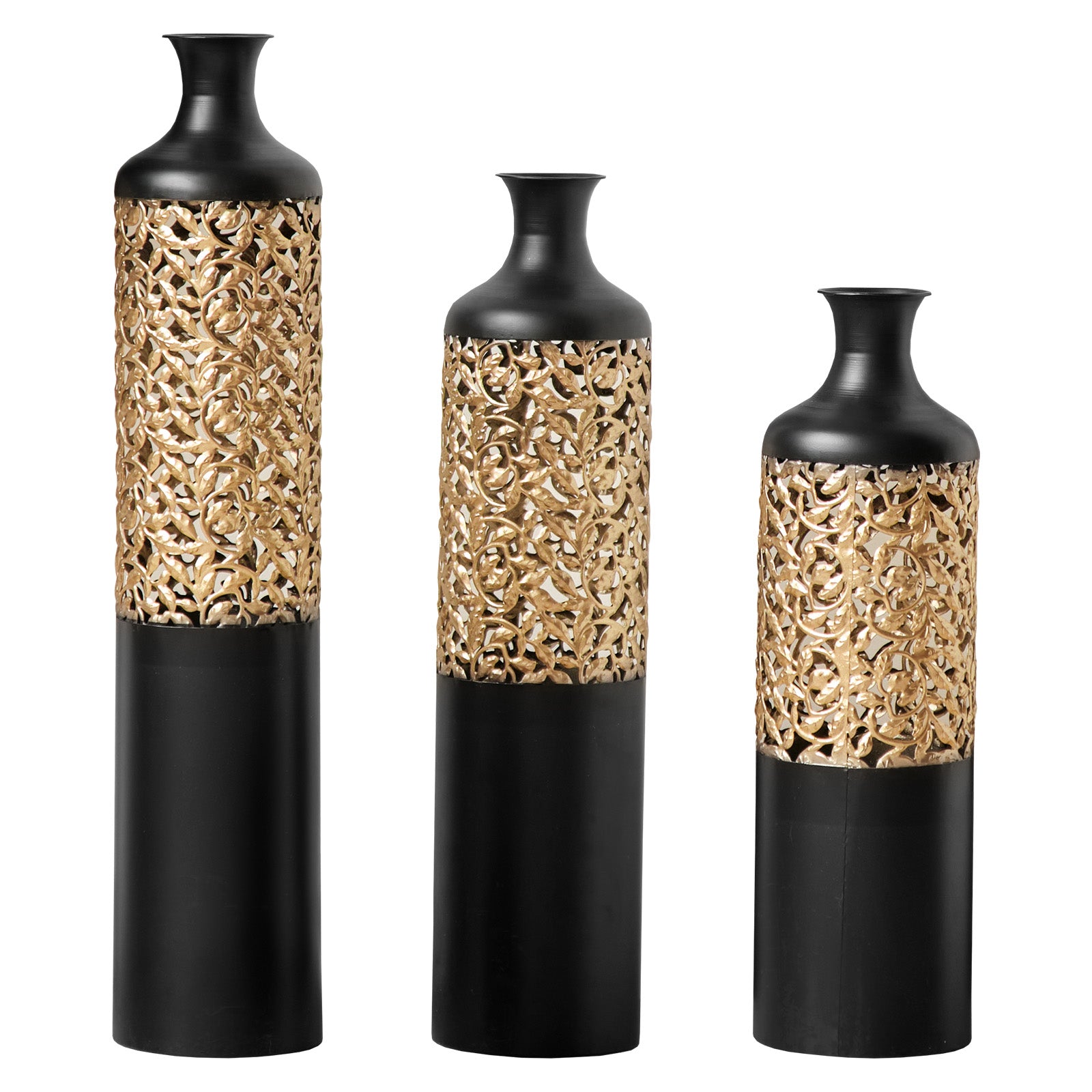 3-Piece Handcrafted Metal Floor Vase Set, Black & Gold Cutout Design Tall Vases (20.8"/24.8"/28.7") for Living Room Entryway, Modern Glam Decor for Pampas Grass & Ideal Housewarming/Holiday Gifts