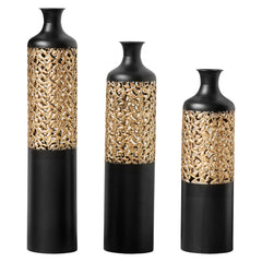 3-Piece Handcrafted Metal Floor Vase Set, Black & Gold Cutout Design Tall Vases (20.8"/24.8"/28.7") for Living Room Entryway, Modern Glam Decor for Pampas Grass & Ideal Housewarming/Holiday Gifts