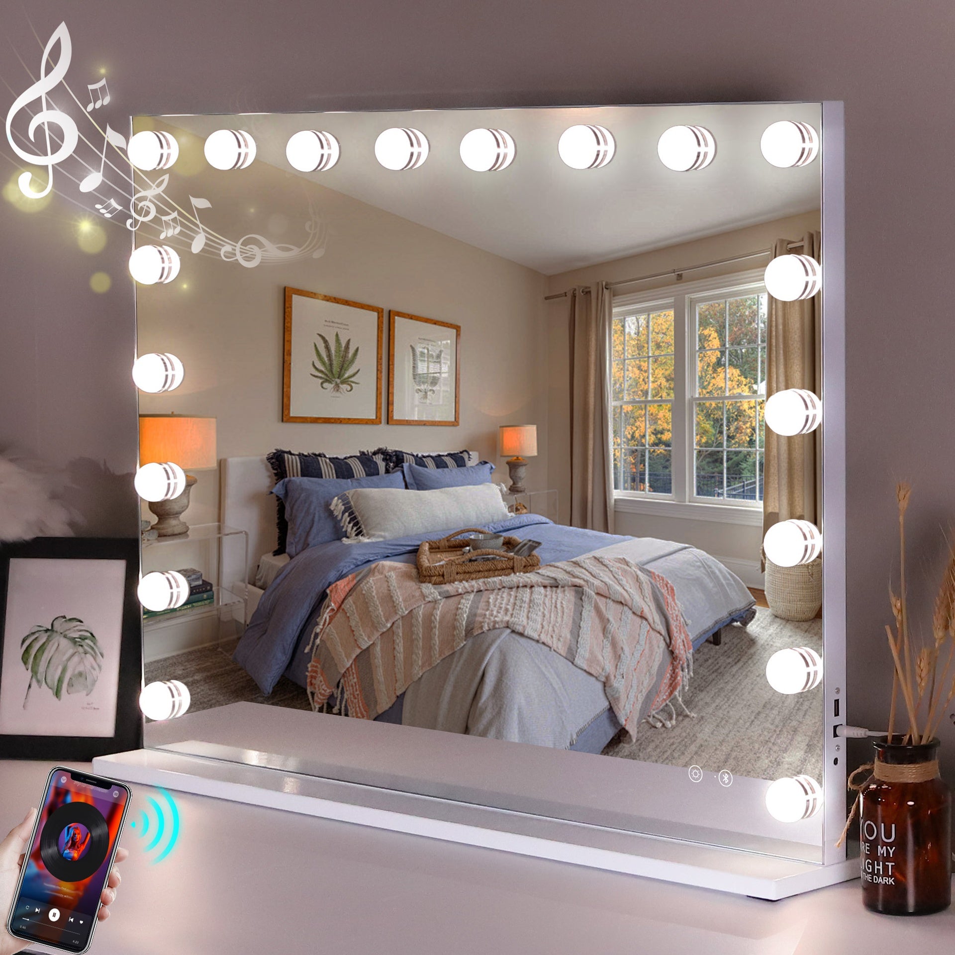 Vanity Mirror with Lights 31.5''x22.8'' Tempered Glass Large Hollywood Mirror with 18 Dimmable Bulbs for Makeup, Table/Hanging Bluetooth Speaker Mirror with Touch Screen & USB Charge Port