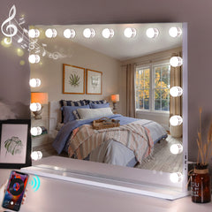 Vanity Mirror with Lights 31.5''x22.8'' Tempered Glass Large Hollywood Mirror with 18 Dimmable Bulbs for Makeup, Table/Hanging Bluetooth Speaker Mirror with Touch Screen & USB Charge Port