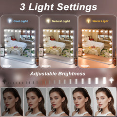 Vanity Mirror with Lights 31.5''x22.8'' Tempered Glass Large Hollywood Mirror with 18 Dimmable Bulbs for Makeup, Table/Hanging Bluetooth Speaker Mirror with Touch Screen & USB Charge Port