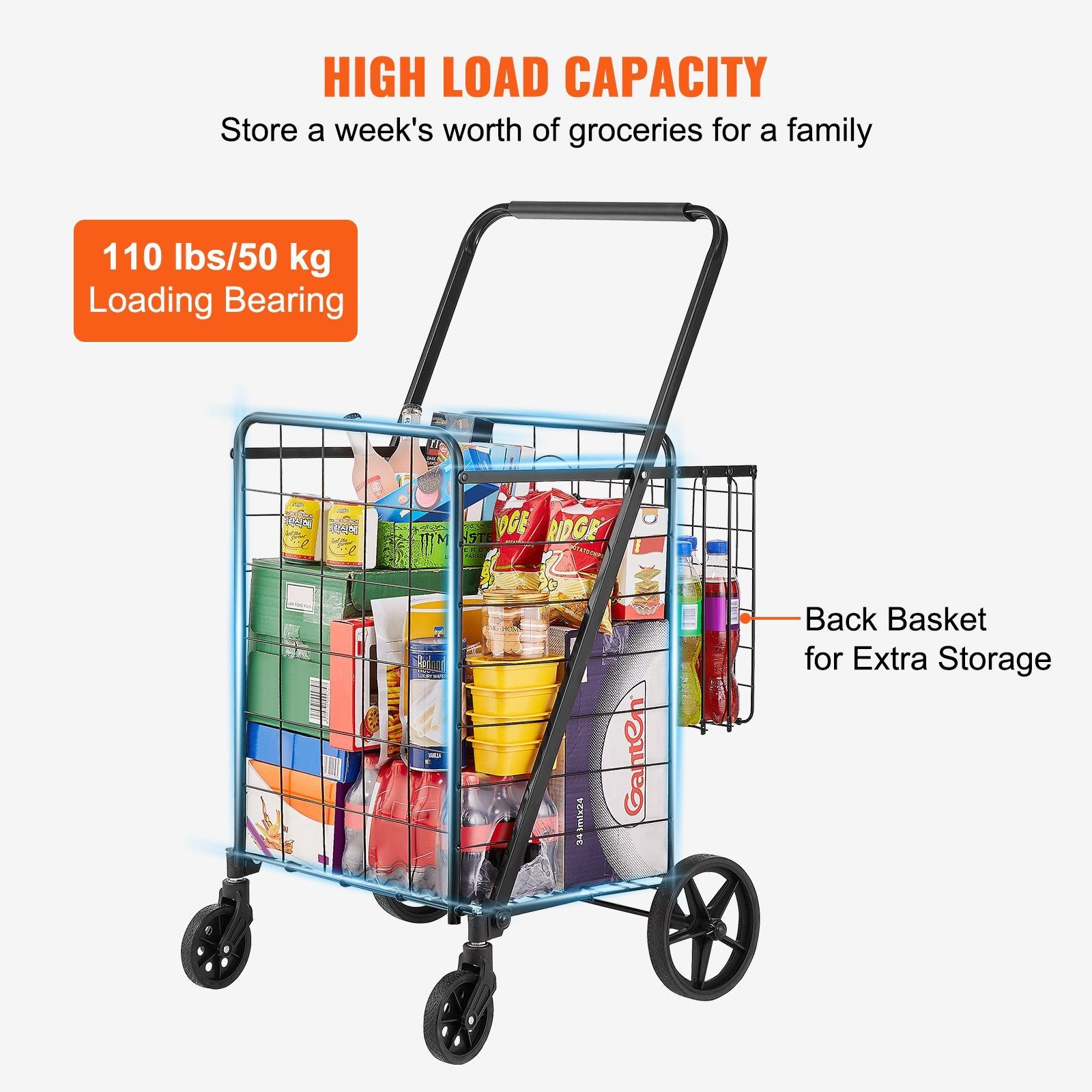 Folding Shopping Cart, Jumbo Grocery Cart with Double Baskets, 360° Swivel Wheels, Heavy Duty Utility Cart, 110 LBS Large Capacity Utility Cart for Laundry, Shopping, Grocery, Luggage