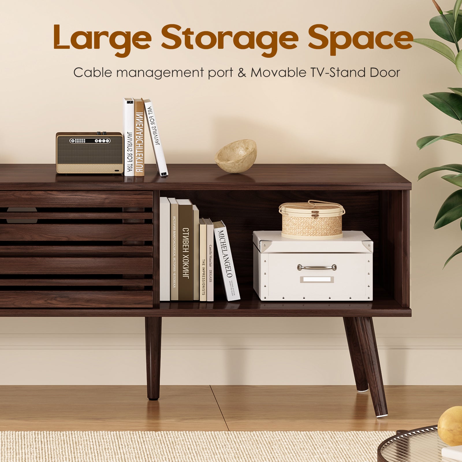 Mid Century Modern TV Stands for up to 70" TV with Storage, Fluted Wood TV Stand for Living Room, Boho Media Console, Entertainment Center with Cable Management