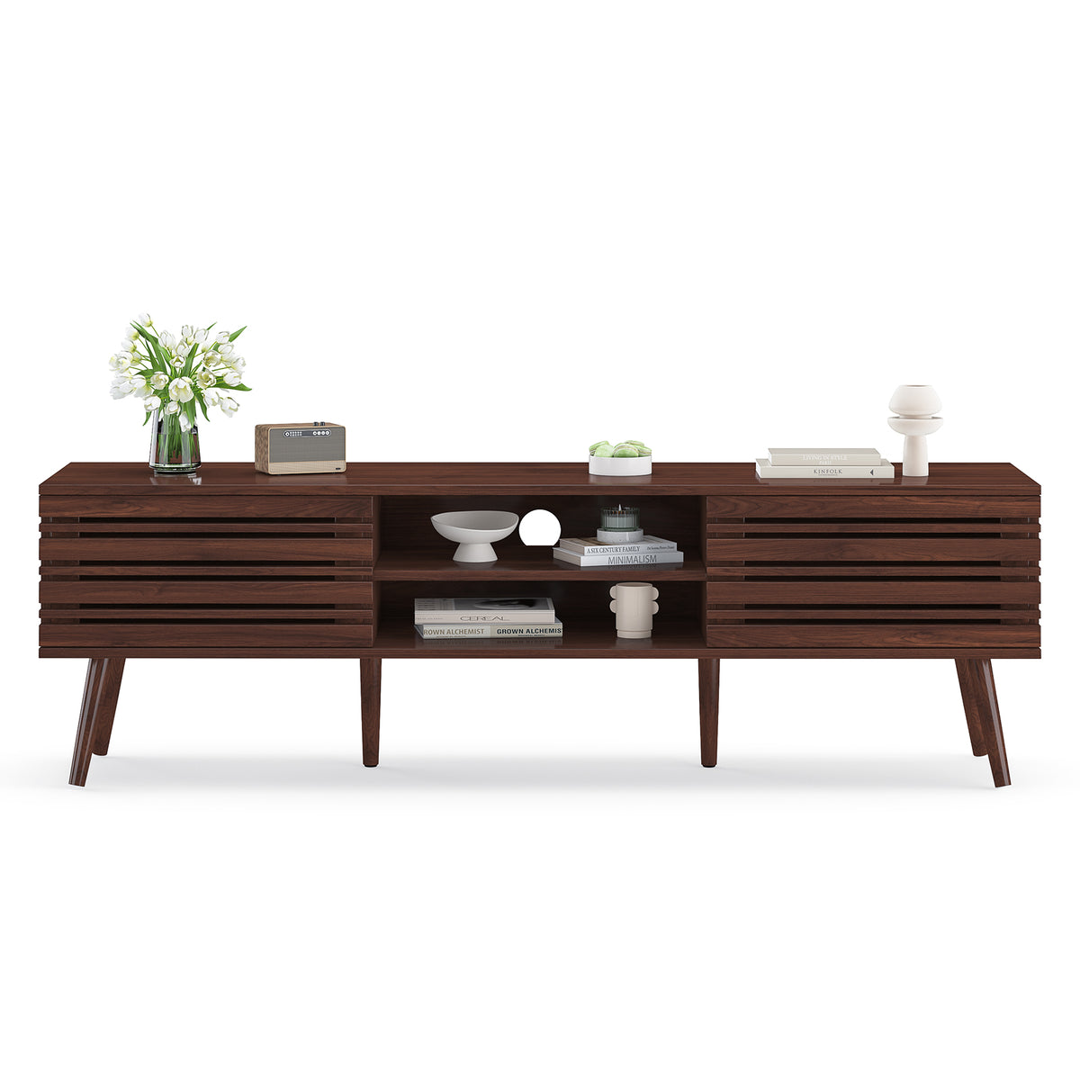 Mid Century Modern TV Stands for up to 70" TV with Storage, Fluted Wood TV Stand for Living Room, Boho Media Console, Entertainment Center with Cable Management