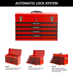 20-inch Steel Portable Tool Box With Drawers - Tool Storage Box Organizer With Metal Lock Closure Device - Powder-coated Tool Storage Cabinet (RED)