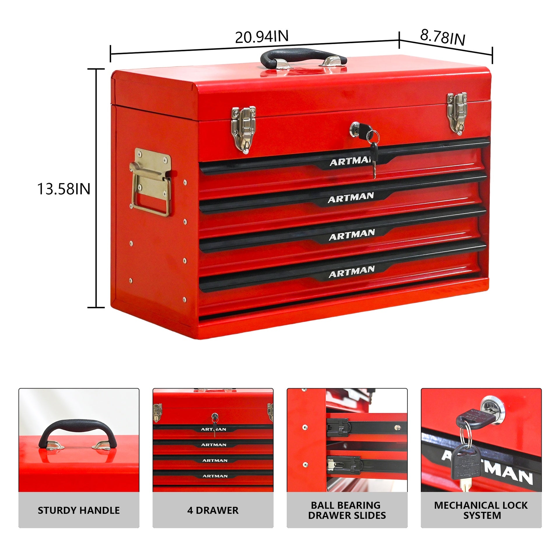 20-inch Steel Portable Tool Box With Drawers - Tool Storage Box Organizer With Metal Lock Closure Device - Powder-coated Tool Storage Cabinet (RED)