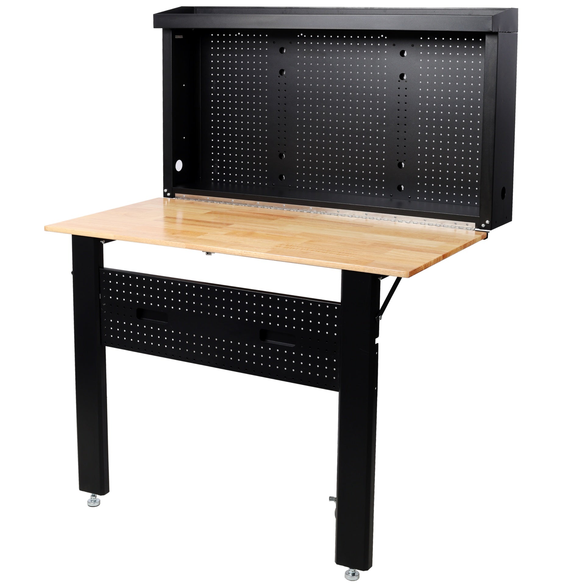 Wall Mounted Workbench, Robust Space-Saving Foldable Workbench with Rubberwood Work Surface, Pegboard for Tools