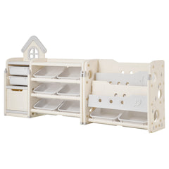 Kids Toy Storage with Bookshelf, 4-Tier Toy Storage Organizer with 10 Movable Plastic Bins, Kids Cubby Cabinet with Bookshelf for Study Room, Bedroom, Playroom, Classroom, Nursery, Gray + Beige