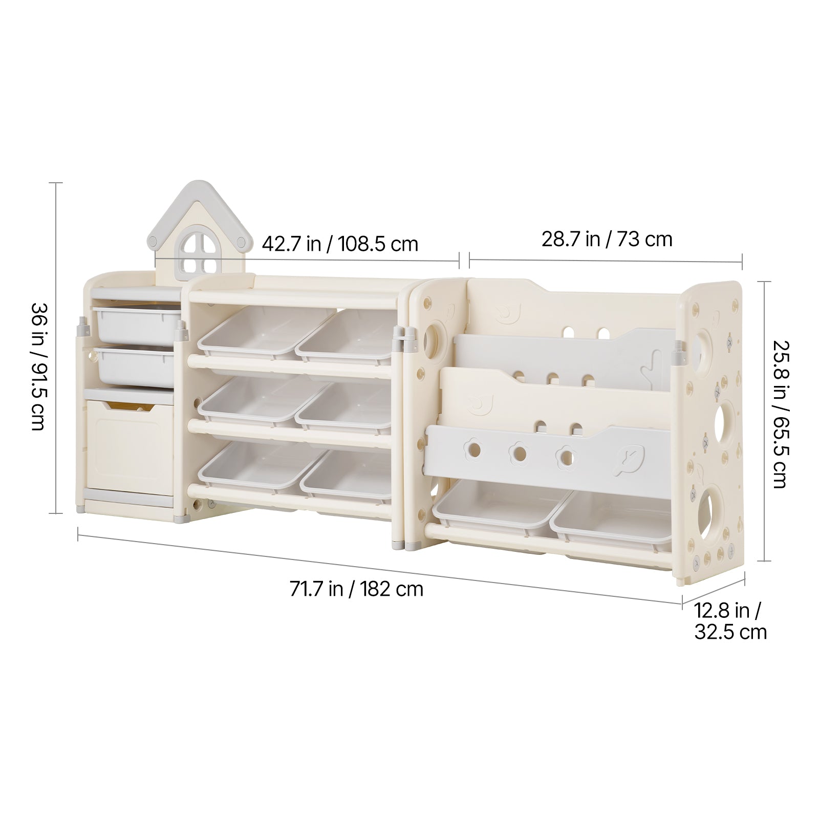Kids Toy Storage with Bookshelf, 4-Tier Toy Storage Organizer with 10 Movable Plastic Bins, Kids Cubby Cabinet with Bookshelf for Study Room, Bedroom, Playroom, Classroom, Nursery, Gray + Beige