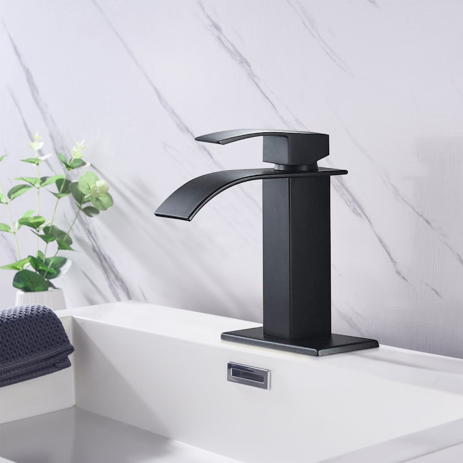 Waterfall Spout Bathroom Sink Single Handle Faucet with Pop-Up Drain (with Overflow)