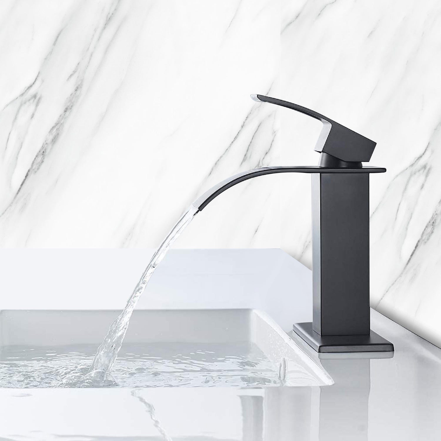 Waterfall Spout Bathroom Sink Single Handle Faucet with Pop-Up Drain (with Overflow)