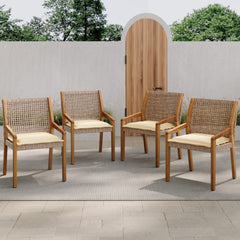 OUTDOOR DINING CHAIR -Acacia Wood & Wicker with Cream Cushion Patio Furniture-Teak finish & wicke Brown -MP2(set of 2)