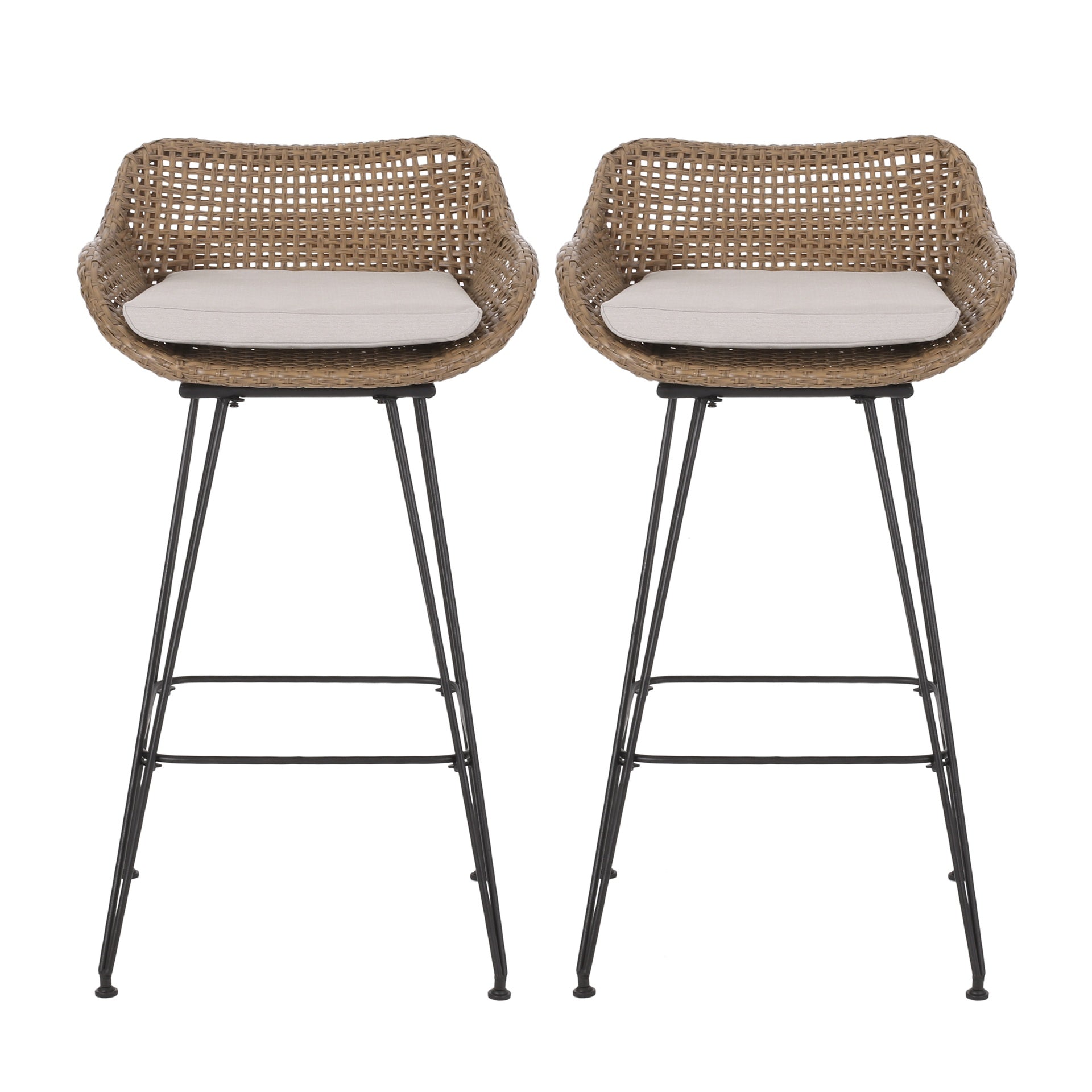 29.25" Outdoor Wicker and Iron Low Back Barstools, Light Brown, with Beige Cushion (Set of 2)