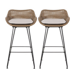 29.25" Outdoor Wicker and Iron Low Back Barstools, Light Brown, with Beige Cushion (Set of 2)