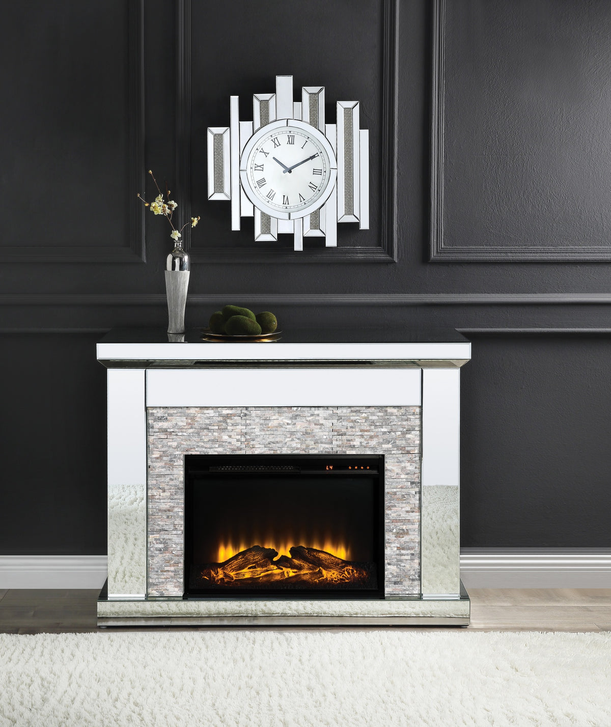 Laksha Mirrored & Stone Fireplace