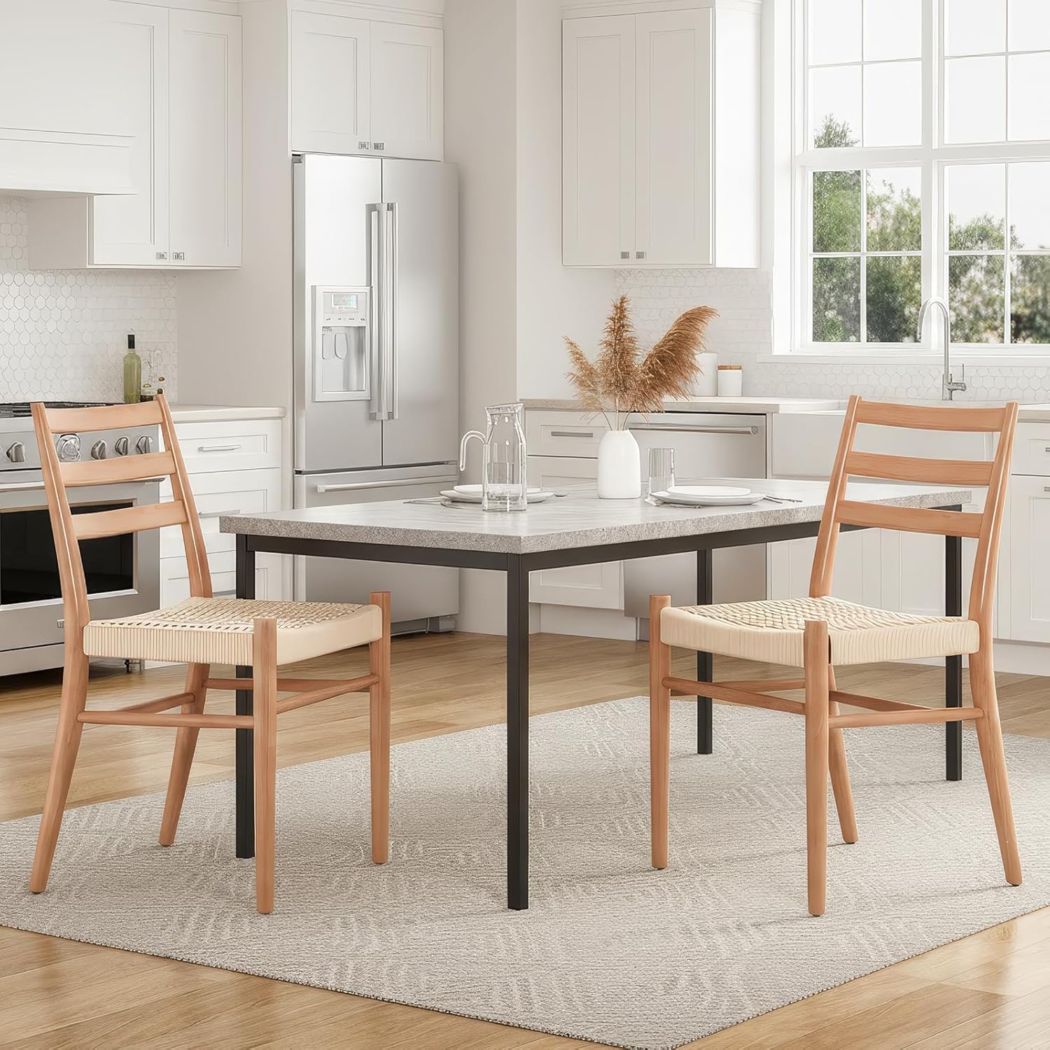 Dining Chairs Set of 2, Woven Rope Seat with Sturdy Metal Frame, Mid Century Modern Dining Room Chairs for Kitchen, Living Room, Restaurant