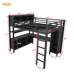Metal Loft Bed with Wardrobe And L-shaped Desk, Full Size Loft Bed with Storage Cubes and Shelves, Heavy Duty Loft Bed for Kids Teens Adults, Black
