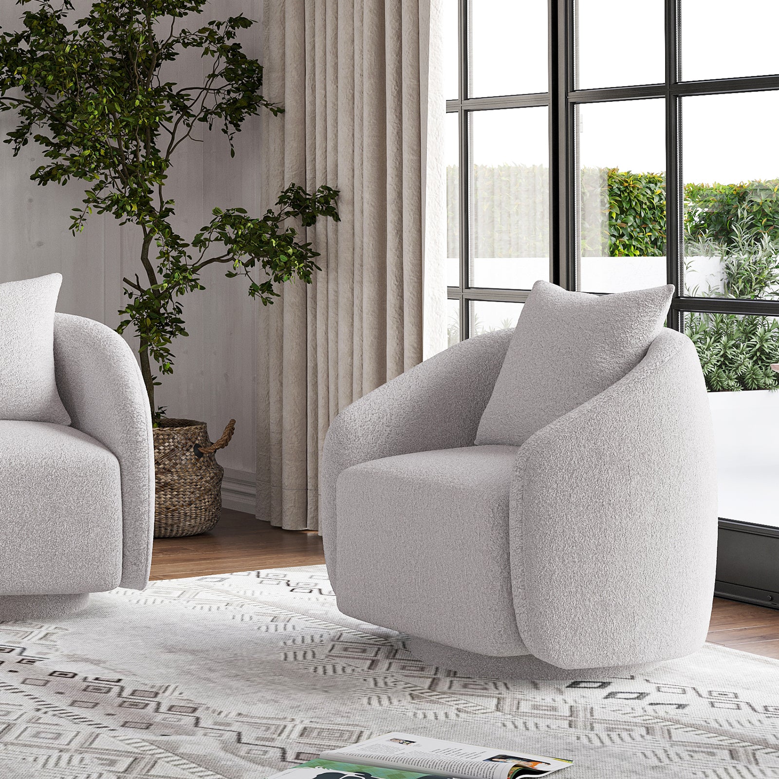 Swivel Accent Chair, Barrel Armchair with Back Pillow & Wood Frame for Living Room, Bedroom, Office