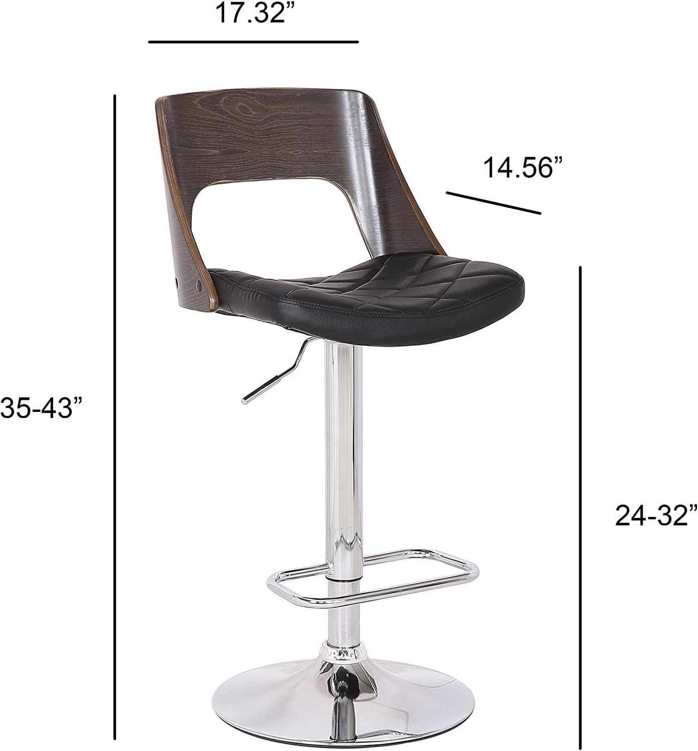 Bentwood Contemporary Modern Stylish Wood Back Adjustable Swivel Bar Stool with Diamond Quilted Finish Curved Seat and Back, Weathered Oak