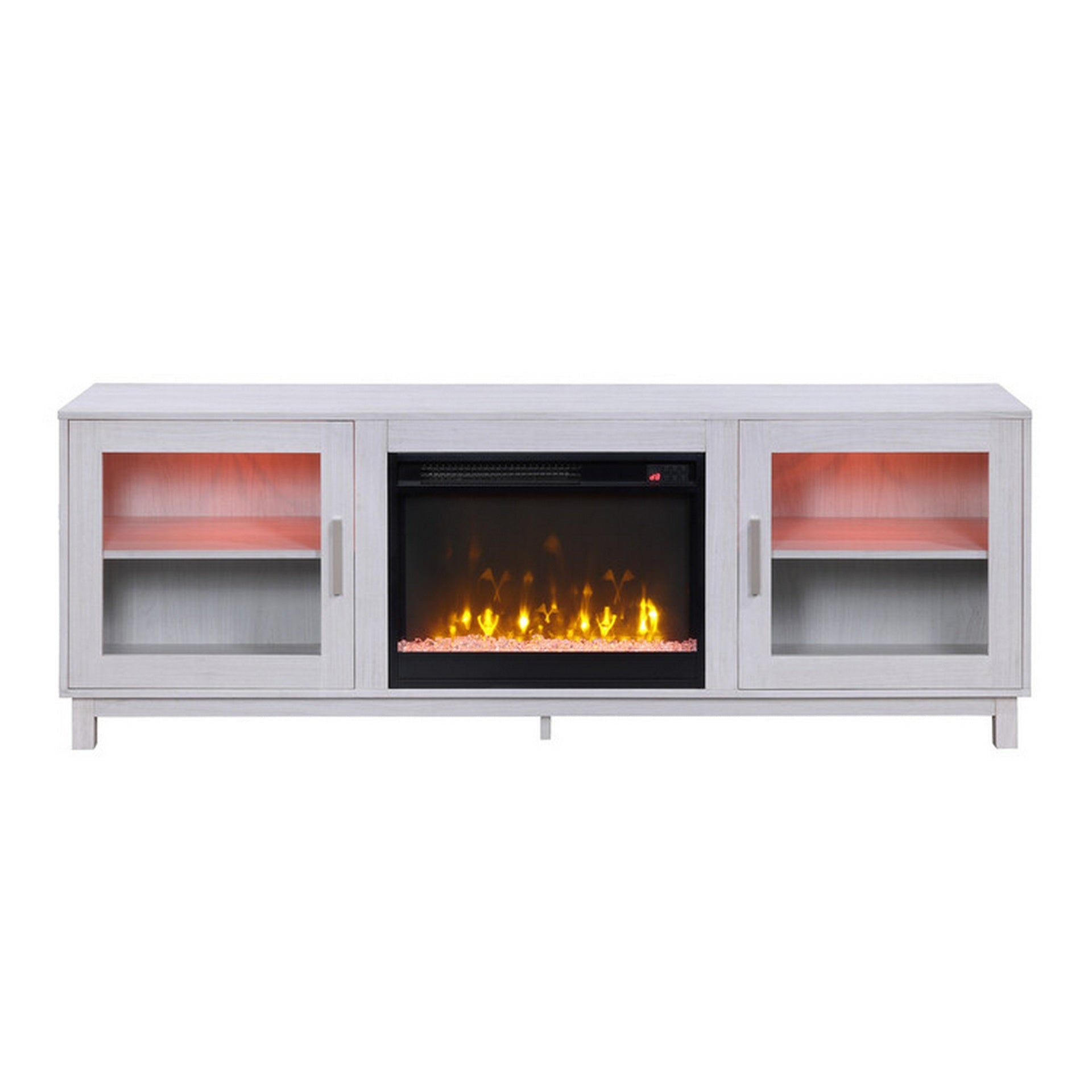 Samy 70 Inch TV Console LED Fireplace Heater, Glass Door, White, Silver