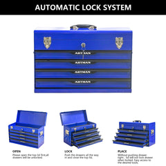 20-inch Steel Portable Tool Box With Drawers - Tool Storage Box Organizer With Metal Lock Closure Device - Powder-coated Tool Storage Cabinet (BLUE)