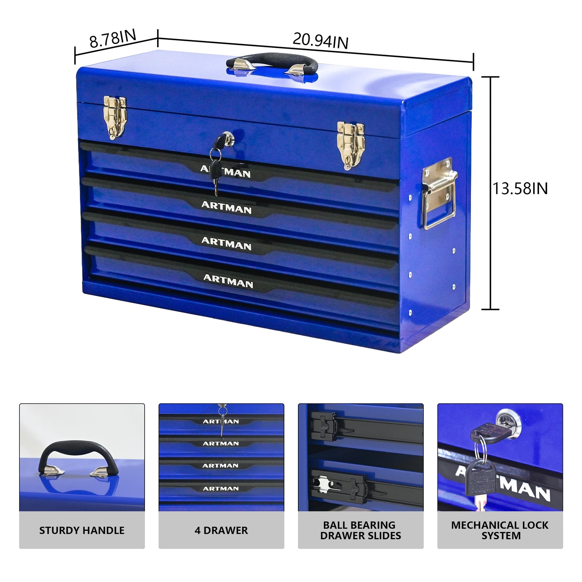 20-inch Steel Portable Tool Box With Drawers - Tool Storage Box Organizer With Metal Lock Closure Device - Powder-coated Tool Storage Cabinet (BLUE)