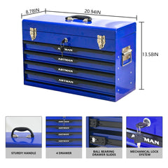 20-inch Steel Portable Tool Box With Drawers - Tool Storage Box Organizer With Metal Lock Closure Device - Powder-coated Tool Storage Cabinet (BLUE)