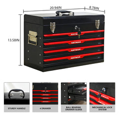 20-inch Steel Portable Tool Box With Drawers - Tool Storage Box Organizer With Metal Lock Closure Device - Powder-coated Tool Storage Cabinet (BLACK)
