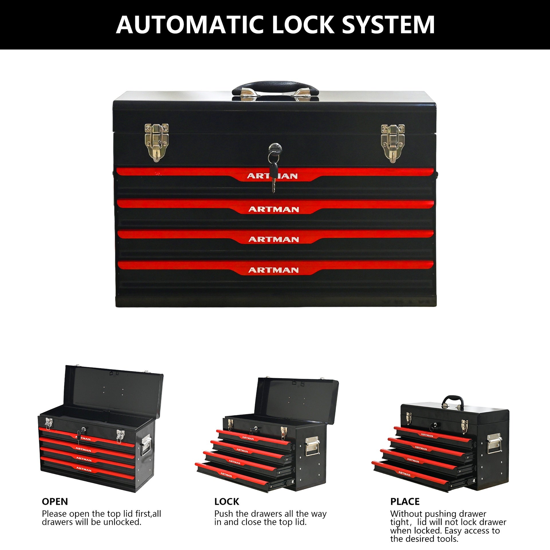 20-inch Steel Portable Tool Box With Drawers - Tool Storage Box Organizer With Metal Lock Closure Device - Powder-coated Tool Storage Cabinet (BLACK)