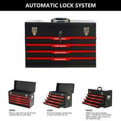 20-inch Steel Portable Tool Box With Drawers - Tool Storage Box Organizer With Metal Lock Closure Device - Powder-coated Tool Storage Cabinet (BLACK)