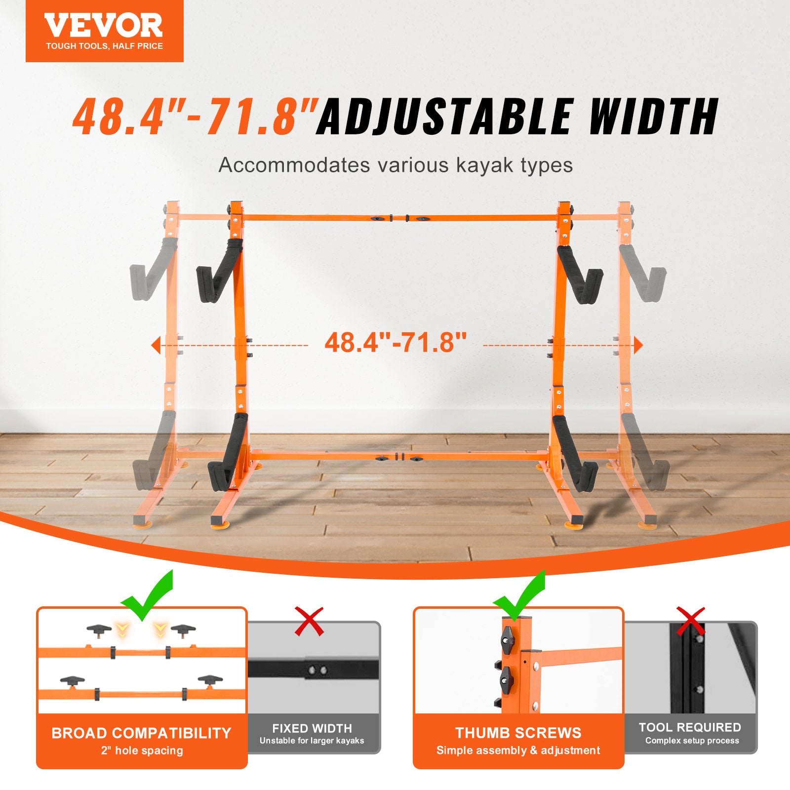Freestanding Kayak Storage Rack, Kayak Stand for 2 Kayak Canoe Paddleboard, Heavy-duty Steel Kayak Hanger Holder with Padded Arms and Adjustable Width, 175LBS Max Load, for Indoor Outdoor Garage