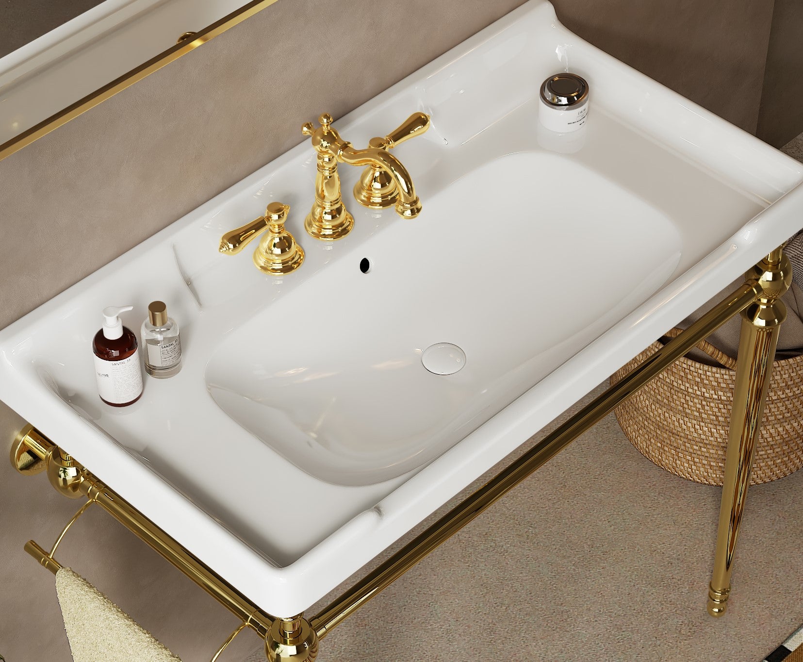 VICI 36" Bathroom Console Sink, Wall-Mounted White Ceramic Vanity Basin with 3 Pre-drilled Faucet Holes, Freestanding Stainless Steel Support Legs with Towel Bar, No Faucet & Sink Cover, Gold Color