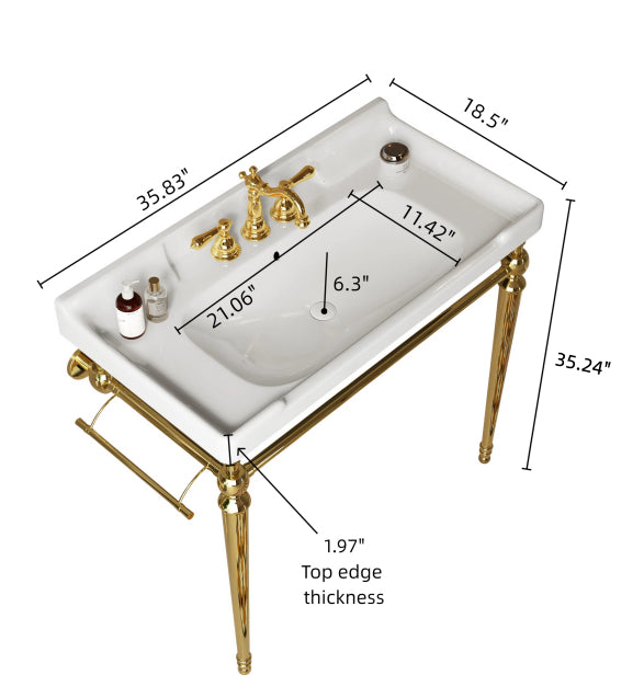 VICI 36" Bathroom Console Sink, Wall-Mounted White Ceramic Vanity Basin with 3 Pre-drilled Faucet Holes, Freestanding Stainless Steel Support Legs with Towel Bar, No Faucet & Sink Cover, Gold Color