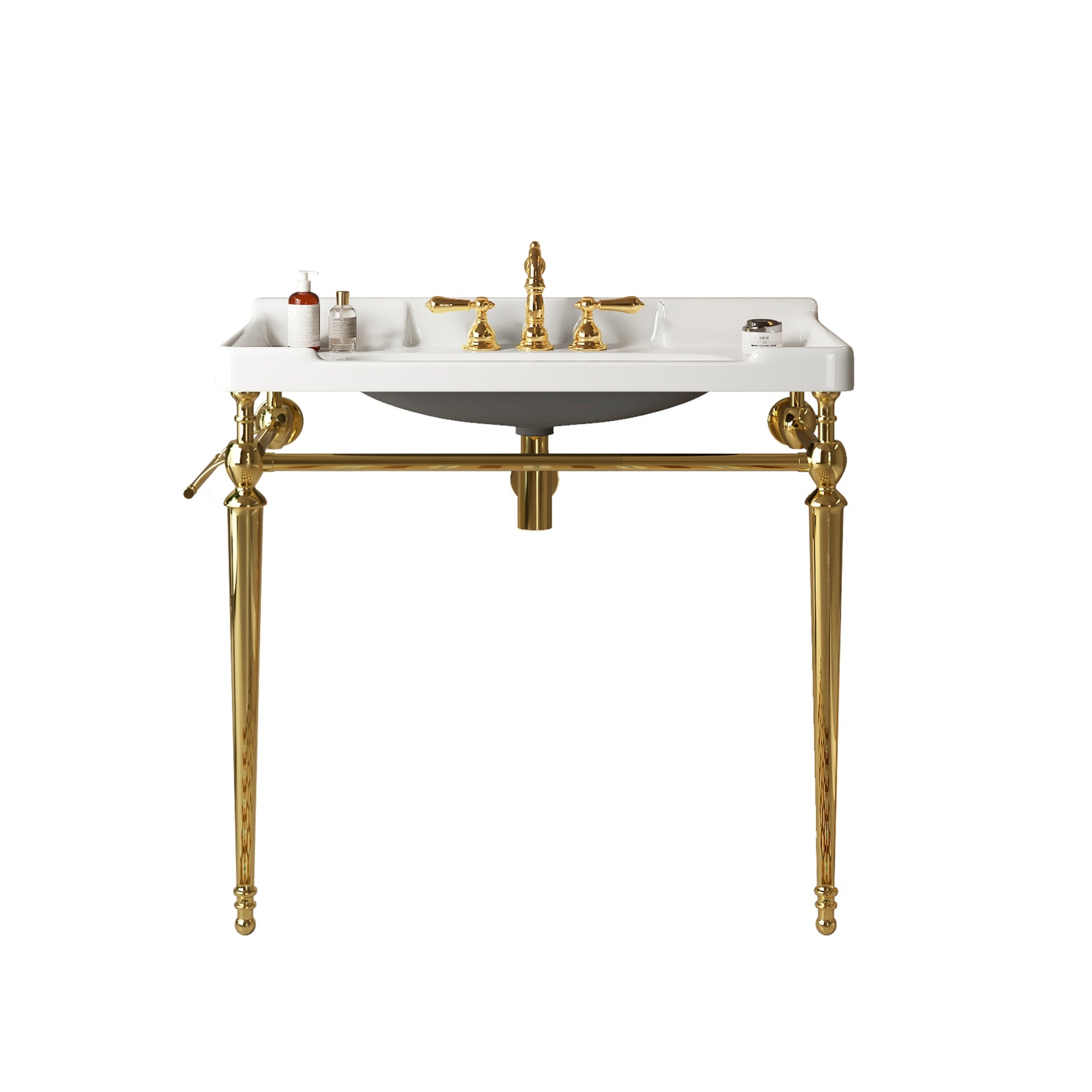VICI 36" Bathroom Console Sink, Wall-Mounted White Ceramic Vanity Basin with 3 Pre-drilled Faucet Holes, Freestanding Stainless Steel Support Legs with Towel Bar, No Faucet & Sink Cover, Gold Color