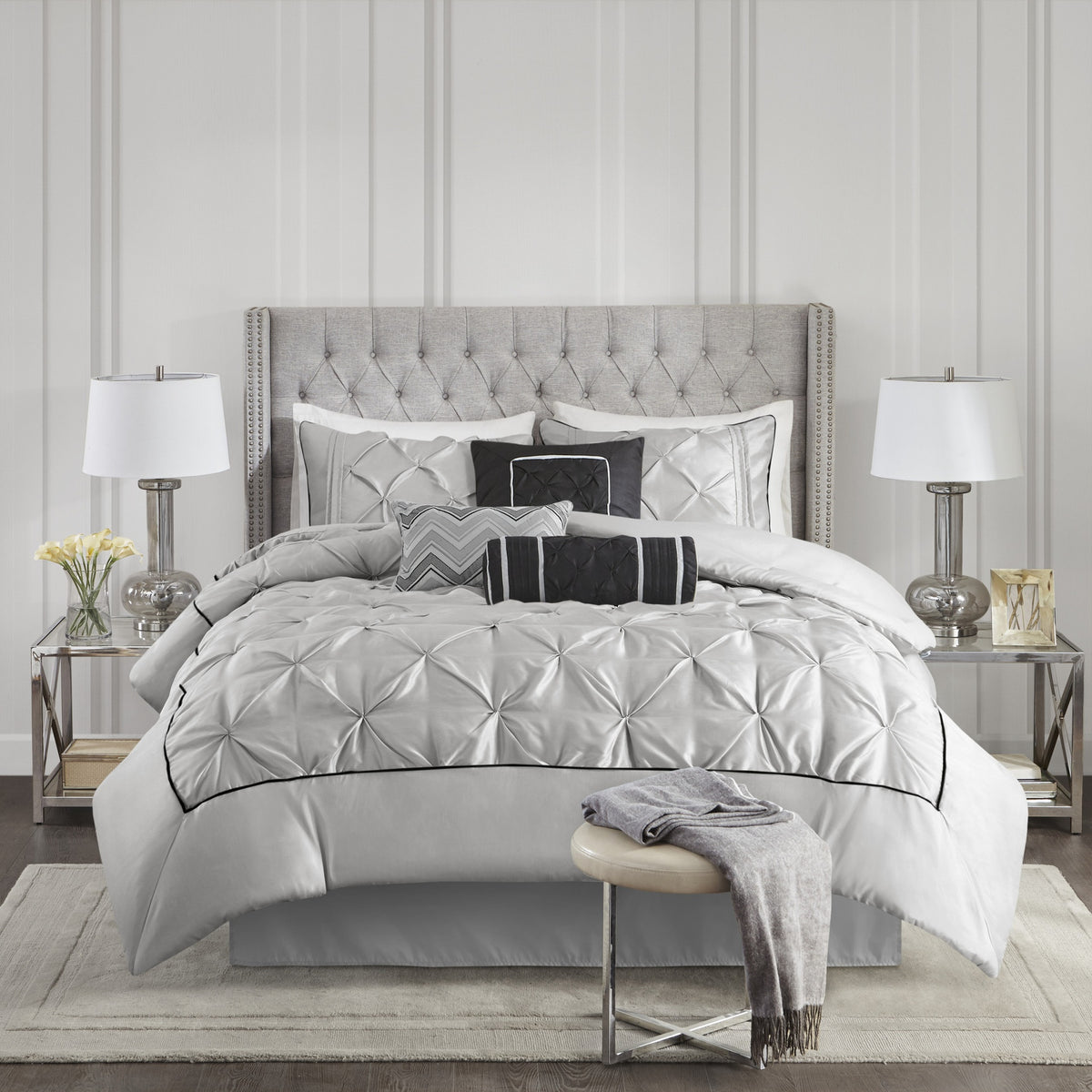 7-Piece Queen 100% Polyester Pieced Pleated Tufted Comforter Set