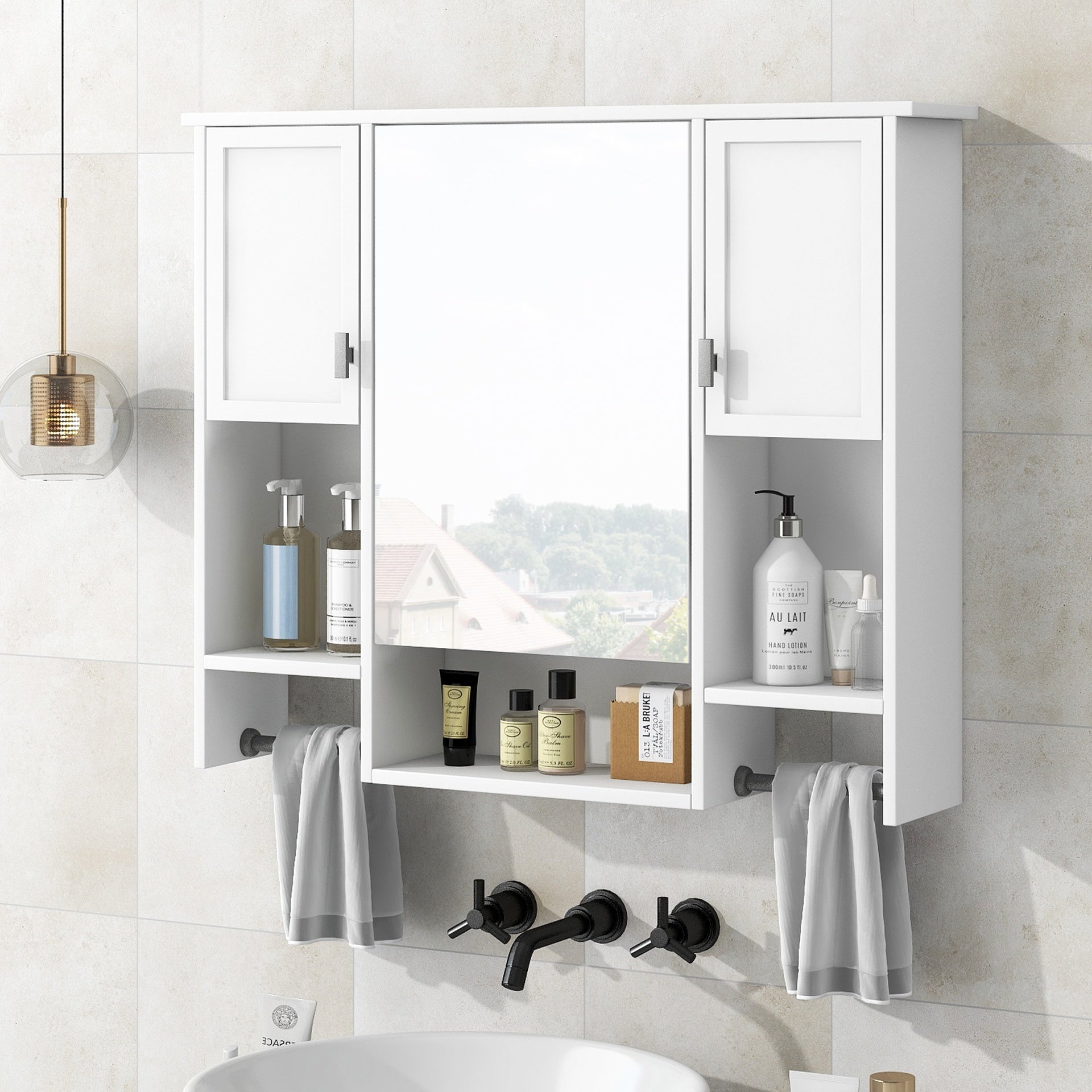 35'' x 28'' Modern Wall Mounted Bathroom Storage Cabinet, Bathroom Wall Cabinet with Mirror, Medicine Cabinet with Towels Bar
