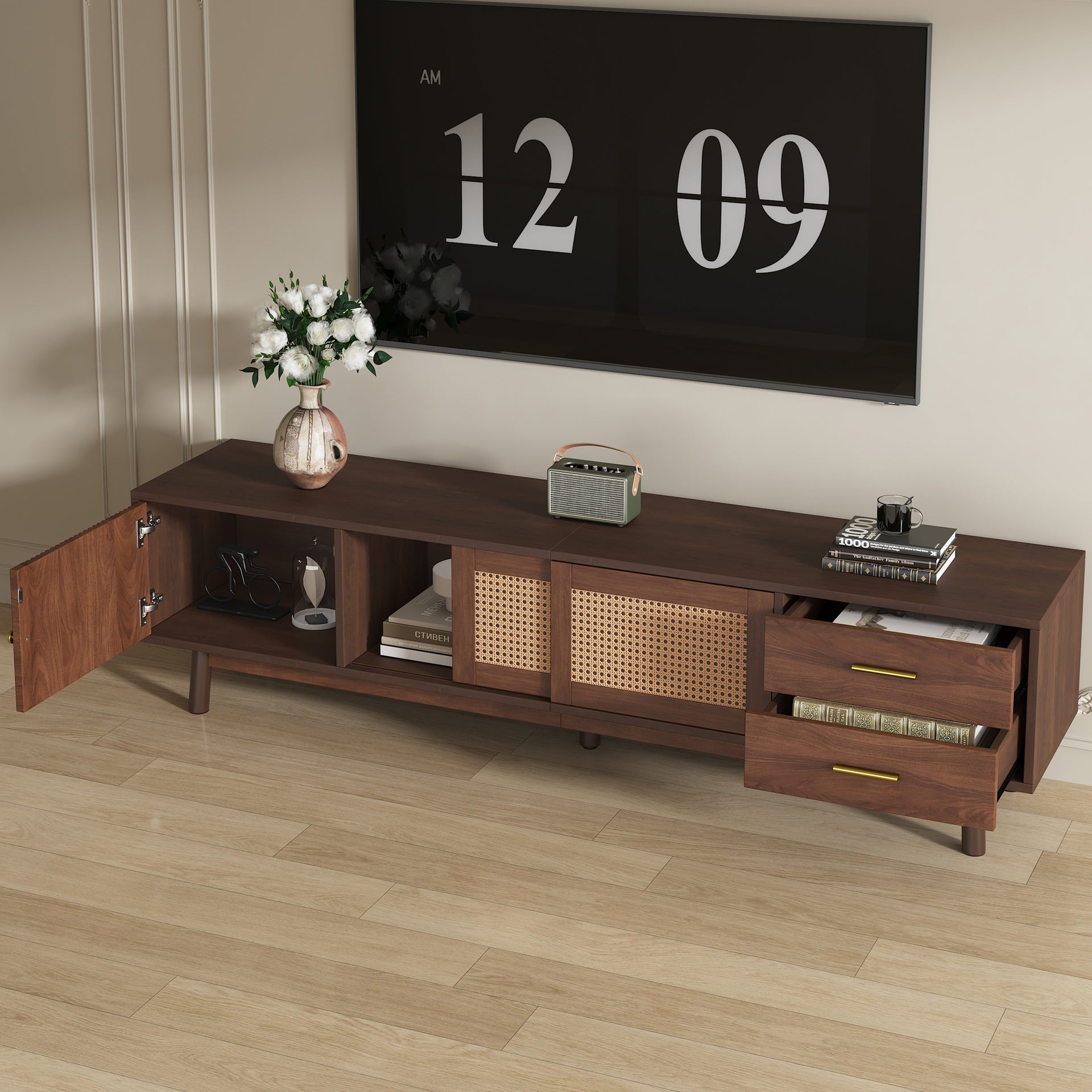 Mid Century Modern TV Stand for 80" TVs, Entertainment Center with Sliding Doors and Drawers, TV Table with Storage for Living Room, Bedroom
