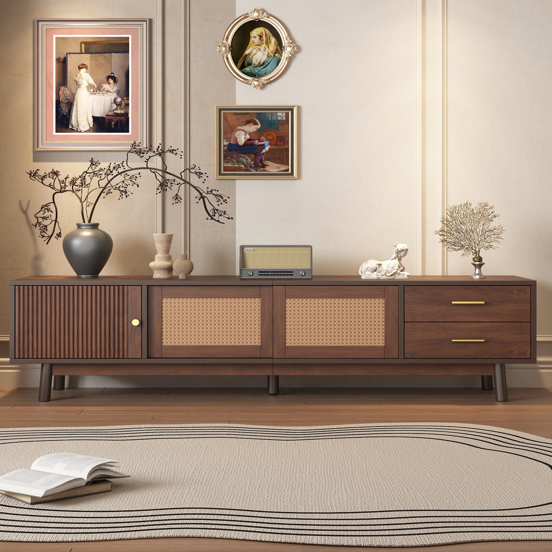 Mid Century Modern TV Stand for 80" TVs, Entertainment Center with Sliding Doors and Drawers, TV Table with Storage for Living Room, Bedroom