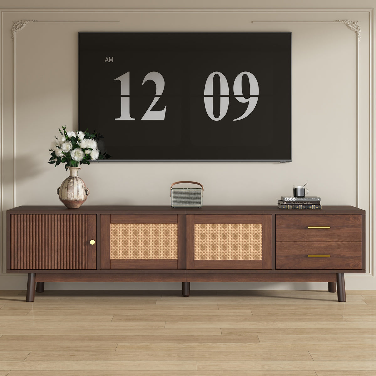 Mid Century Modern TV Stand for 80" TVs, Entertainment Center with Sliding Doors and Drawers, TV Table with Storage for Living Room, Bedroom