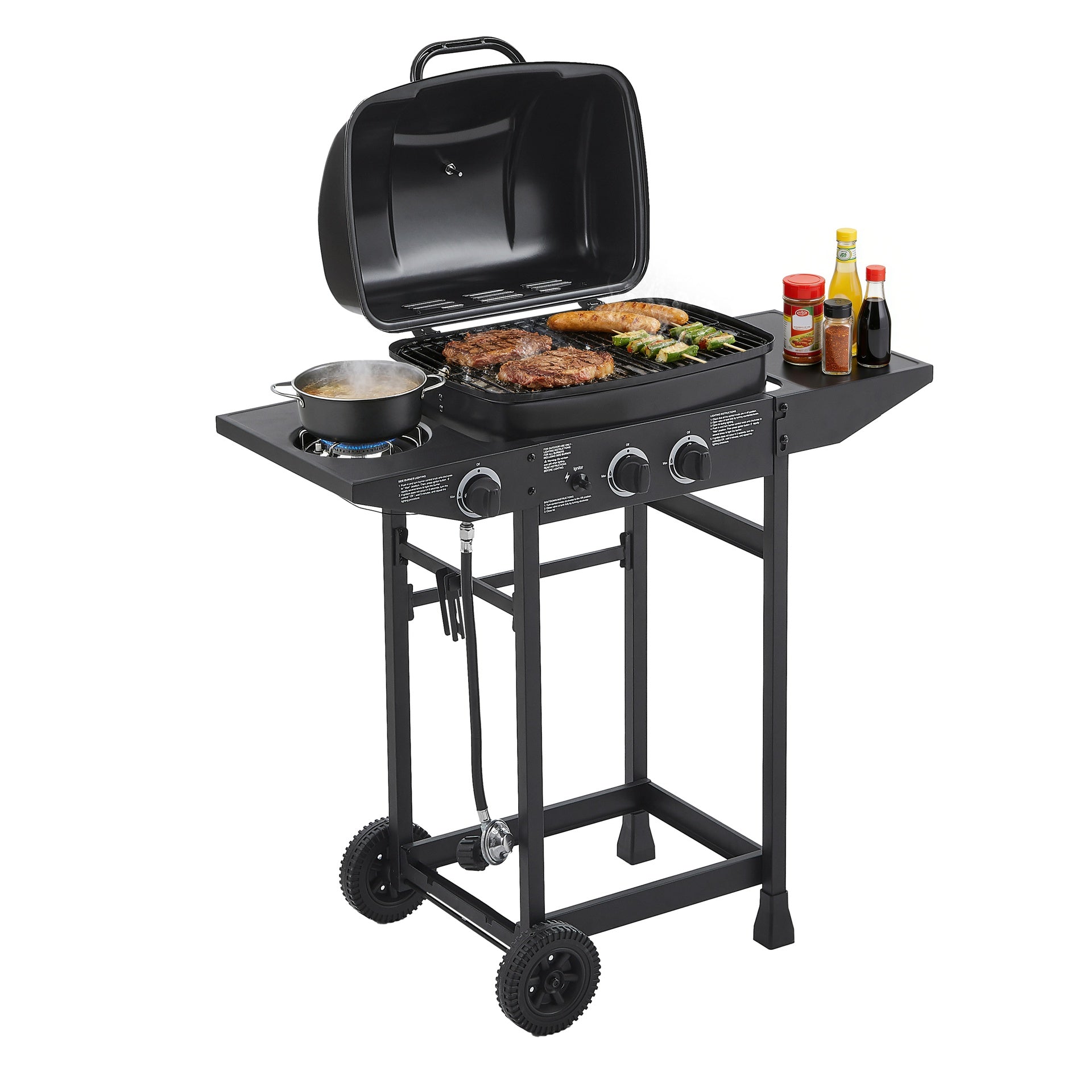 2 Burner BBQ Propane Gas Grill with Side Burner 24000 BTU Output Stainless Steel Barbecue Grill with Enameled Grates and Side Tables for Outdoor Cooking Kitchen and Patio Backyard