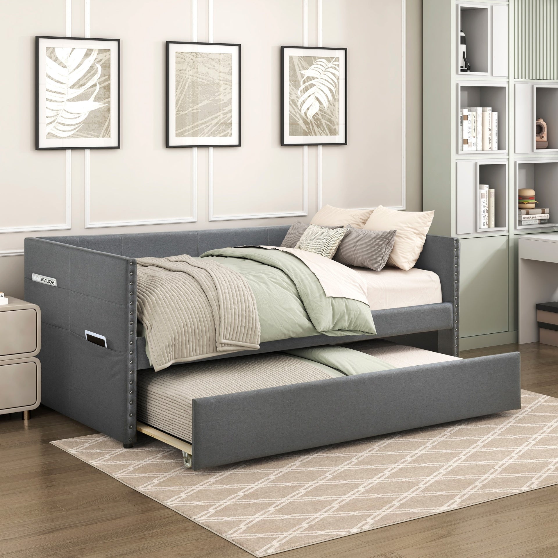 Modern Daybed Pull-out Trundle Side Pockets Dark Gray Upholstery Nailhead Trim Bedroom Living Room Furniture 1pc