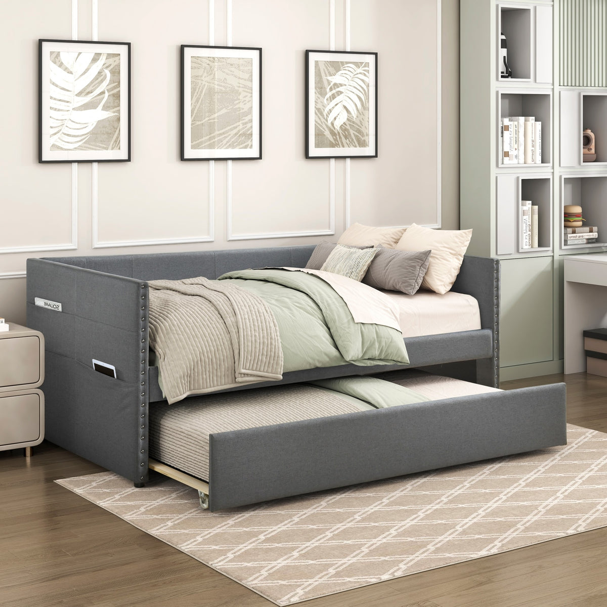 Modern Daybed Pull-out Trundle Side Pockets Dark Gray Upholstery Nailhead Trim Bedroom Living Room Furniture 1pc