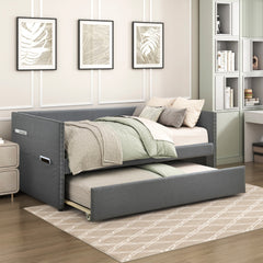 Modern Daybed Pull-out Trundle Side Pockets Dark Gray Upholstery Nailhead Trim Bedroom Living Room Furniture 1pc