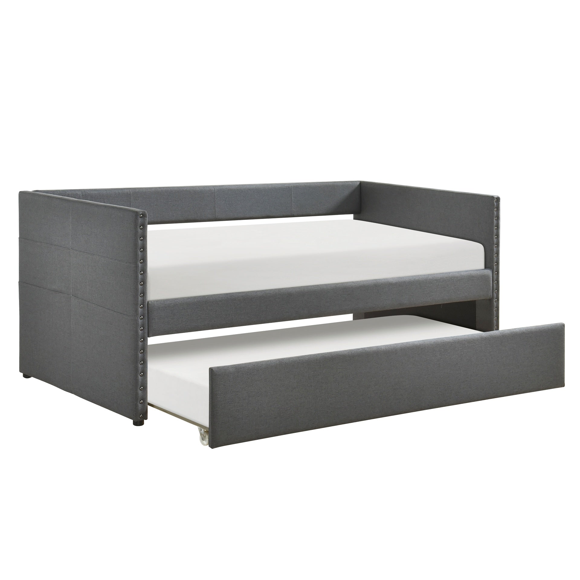 Modern Daybed Pull-out Trundle Side Pockets Dark Gray Upholstery Nailhead Trim Bedroom Living Room Furniture 1pc
