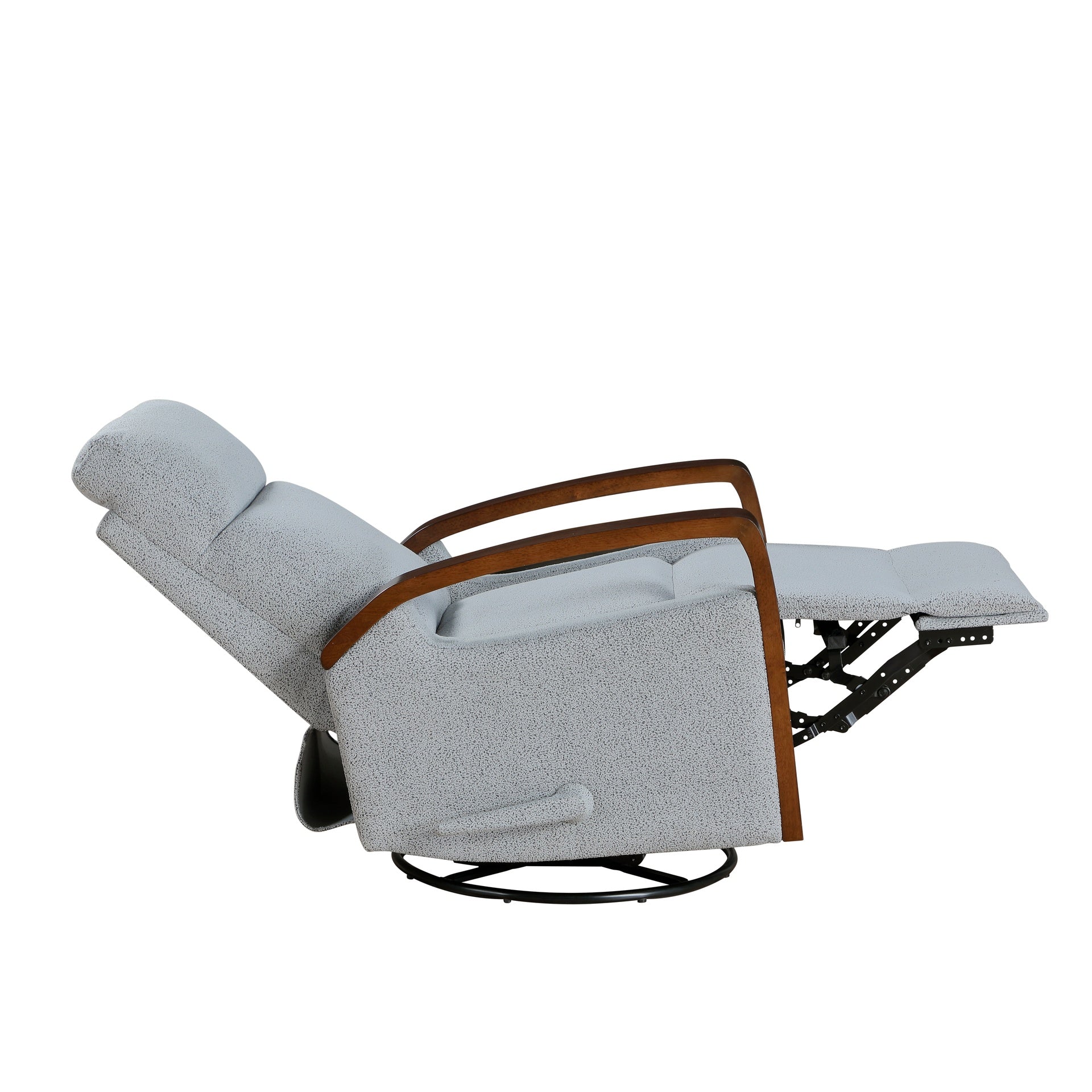 New Luxurious Swivel Glider Reclining Chair Gray Boucle Fabric Upholstery Comfortable Brown Finish Wooden Arms Living Room Furniture 1pc