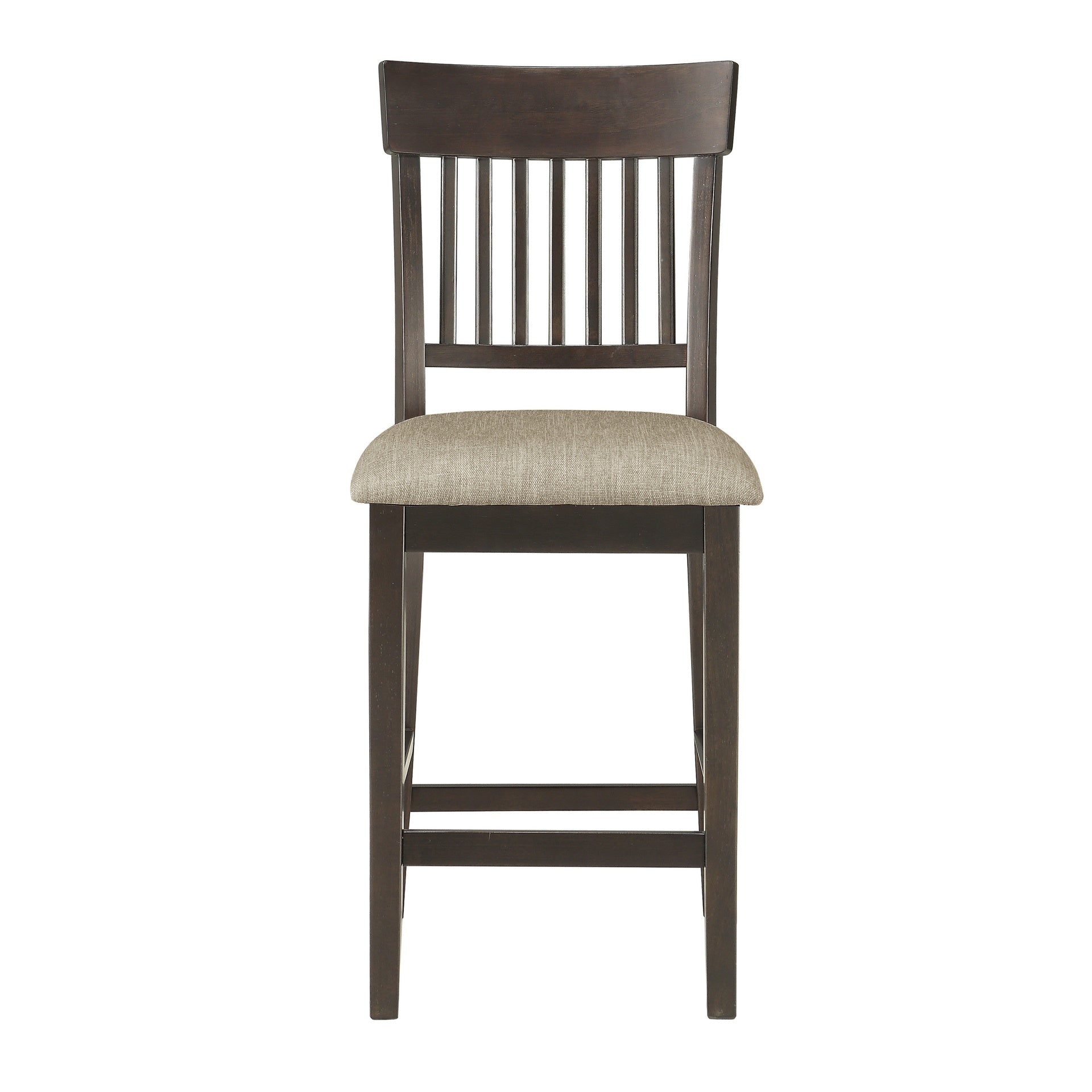 Dark Brown Finish Counter Height Chairs 2pc Set Vertical Slat-Back Design Lenin-like Fabric Padded Seat Dining Furniture